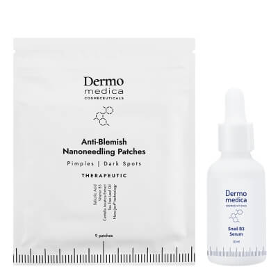 Dermomedica Anti - Blemish Set ZESTAW Serum z ekstraktem ze śluzu ślimaka, witaminą B3 (niacynamidem) i beta-glukanem 30 ml + Aktywne płatki nanoigłowe o działaniu przeciwt