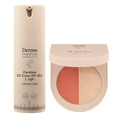 Dermomedica ClariMatte CC Cream SPF 50+ + Silk Glow Duo ZESTAW Matujący, koloryzujący krem korygujący z wysoką ochroną UVA/UVB (kolor Light) 23 ml + Paletka do makijażu twarzy 5,5 g