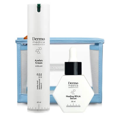 Dermomedica Pielęgnacja Cery Trądzikowej ZESTAW Serum na dzień i na noc 30 ml + Krem z kwasem azelainowym, witaminą E i heksylorezorcynolem 60 ml + Kosmetyczka 1 szt
