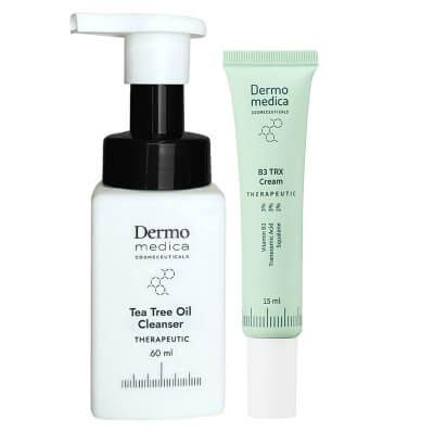 Dermomedica Tea Tree Oil Cleanser + B3 TRX Cream ZESTAW Olejek myjący ze skwalanem, olejkiem z drzewa herbacianego i 60 ml + Krem z niacynamidem, kwasem traneksamowym i skwalanem 15 ml