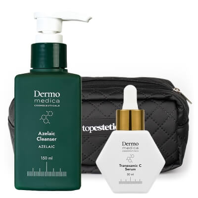 Dermomedica Tranexamic C Serum + Azelaic Cleanser + Kosmetyczka Topestetic ZESTAW Serum z witaminą C, kwasem traneksamowym i czynnikiem wzrostu 30 ml + Żel do mycia z kwasem azelainowym 150 ml + Czarna, duża 1 szt