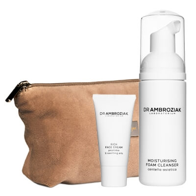 Dr Ambroziak Travel Set ZESTAW Pianka myjąca 50 ml + Krem odżywczy 20 ml + Karmelowa kosmetyczka 1 szt