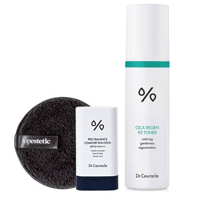 Dr Ceuracle Cica Regen 92 Toner + Sun Stick SPF 50+ + Gąbka Topestetic ZESTAW Tonik łagodzący 120 ml + Krem w sztyfcie SPF 50+ 18 g + Gąbka do demakijażu 1 szt