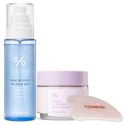 Dr Ceuracle Glow and Firming Set ZESTAW Rozświetlająca mgiełka olejowa 125 ml + Krem ujędrniający 75 g + Gua sha kwarc różowy 1 szt