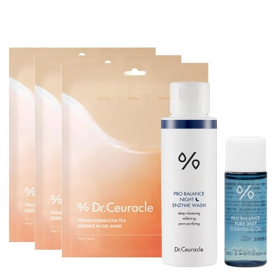Dr Ceuracle Pure Cleansing Oil + Night Enzyme Wash + Vegan Kombucha Tea Essence in Gel Mask x 3 ZESTAW Olejek myjący 20 ml + Proszek wieczornego mycia twarzy 50 g + Nawilżająca maska w płachcie 36 g x 3