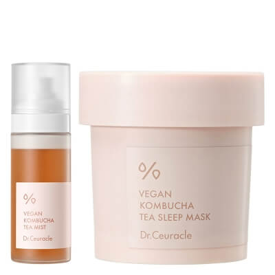 Dr Ceuracle Vegan Kombucha Tea Mist + Vegan Kombucha Tea Sleep Mask ZESTAW Rozświetlająca mgiełka do twarzy 80 ml + Odżywcza maska na noc 100 ml