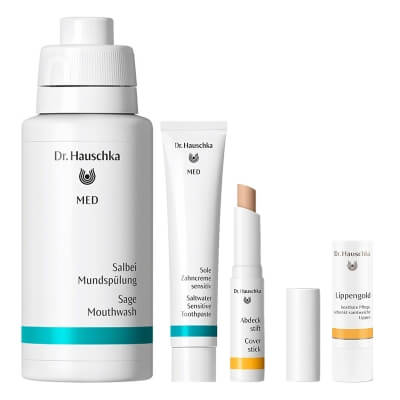 Dr Hauschka Daily Rutine ZESTAW Pasta do zębów 75 ml + Sztyft korygujący 1,9 g + Sztyft do ust 4,9 g + Płyn do płukania jamy ustnej 300 ml