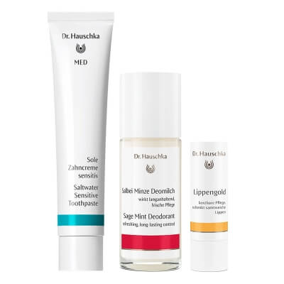 Dr Hauschka Favorite Set ZESTAW Sztyft pielęgnacyjny do ust 4,9 g + Dezodorant z szałwii i mięty 50 ml + Pasta do zębów z solanką 75 ml
