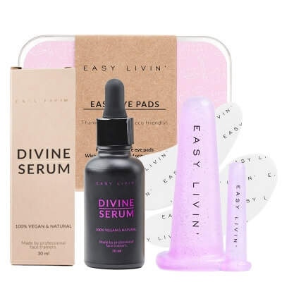 Easy Livin Divine Serum + Easy Eye Pads + Bańki Do Masażu ZESTAW Serum 30 ml + Płatki pod oczy 2 szt + Bańki do masażu twarzy i okolic oczu 2 szt