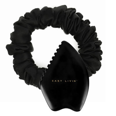 Easy Livin Modelujący Kamień Bian + Gumka do Włosów PREMIUM ZESTAW Gua Sha do masażu twarzy 1 szt + Gumka 100% jedwab i jony srebra - kolor czarny 1 szt