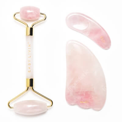 Easy Livin Self Love Will Set You Free ZESTAW Gus Sha z różowego kwarcu 1 szt. + Roller do masażu twarzy 1 szt. + Szpatułka do kremu i masażu okolic oczu 1 szt