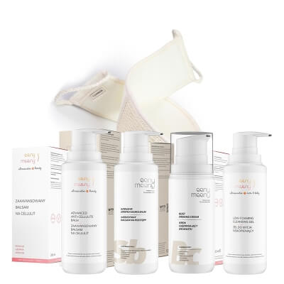 Eeny meeny Jędrność i Elastyczność ZESTAW Balsam na rozstępy 200 ml + Krem do biustu 100 ml + Balsam na cellulit 200 ml + Żel do ciała 200 ml + Pas do mycia ciała 1 szt