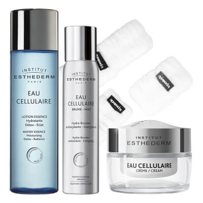 Esthederm Cellular Water + Zestaw Opasek Do Mycia Twarzy Topestetic ZESTAW Mgiełka 100 ml + Lotion przeciwstarzeniowy 125 ml + Energetyzujący krem 50 ml + Opaski nadgarstki 2 szt + Opaska na głowę 1 szt