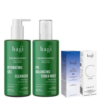 Hagi Dermosophy and Aqua Zone + Krem do Twarzy z Witaminą C GRATIS ZESTAW Nawilżający żel oczyszczający 150 ml + Mgiełka-tonik 150 ml + Krem regenerujący na noc 50 ml + Krem rozświetlający z wit C 50 ml