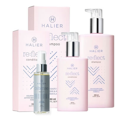 Halier Hair Care Re:flect ZESTAW Olejek do włosów 50 ml + Szampon przywracający blask i zdrowy wygląd włosom farbowanym 250 ml + Odżywka odbudowująca strukturę