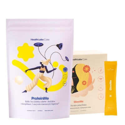 Health Labs Care GlowMe + ProteinMe ZESTAW Kolagen dla skóry spragnionej blasku ananas mango 30 saszetek + Białko WPC z enzymami trawiennymi (smak waniliowy) 472,5 g