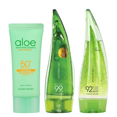 Holika Holika Aloe Body Care ZESTAW Żel pod prysznic z sokiem z aloesu 92% 250 ml + Wielofunkcyjny żel aloesowy do twarzy, ciała i włosów 250 ml + Żel przeciwsłoneczny z
