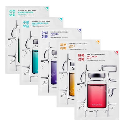Holika Holika Rescue Masks Mix ZESTAW Maski bawełniane z madekasozydem, z witaminą C, z peptydami, z kolagenem, z kwasem hialuronowym.