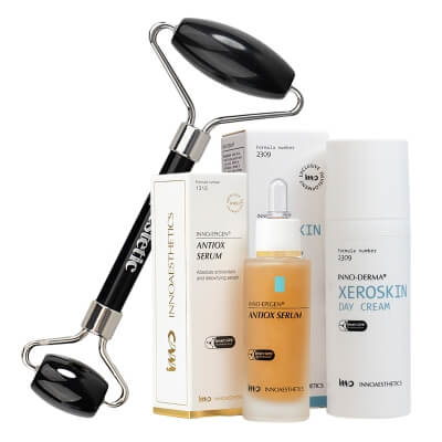 Innoaesthetics Antiox Serum + Xeroskin Day Cream + Roller ZESTAW Antyoksydacyjne serum z witaminą C 30 ml + Krem barierowy do skóry suchej 50 ml + Roller obsydian 1 szt