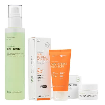 Innoaesthetics NMF Tonic + Eye Revitalizer + Sun Defense SPF 50+ Oily Skin ZESTAW Bezalkoholowy tonik nawilżający 200 ml + Krem pod oczy 15 g + Krem SPF 50+ do skóry tłustej 60 g