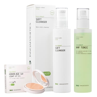 Innoaesthetics Soft Cleanser + NMF Tonic + Cover-Age 3.0 SPF 50+ ZESTAW Delikatny żel do mycia twarzy 200 ml + Bezalkoholowy tonik nawilżający 200 ml + Podkład (Light) 12 g