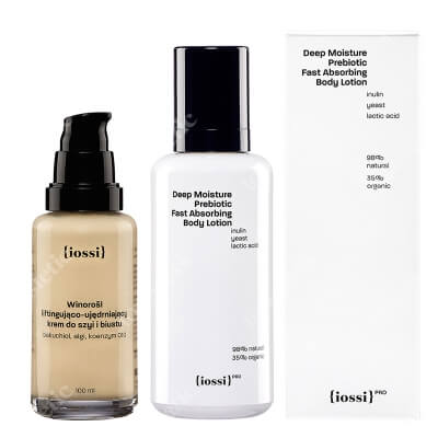 Iossi Winorośl + Prebiotic Body Lotion ZESTAW Liftingująco-ujędrniający krem do szyi, dekoltu i biustu 100 ml + Wygładzający, intensywnie nawilżający balsam 200 ml
