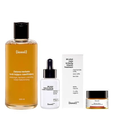 Iossi Zielona Herbata + B3 Shot + Mango Kokos GRATIS ZESTAW Tonik kojąco-nawilżający 200 ml + Serum z niacynamidem 10% i z wit. C 30 ml + Peeling do ust 15 ml