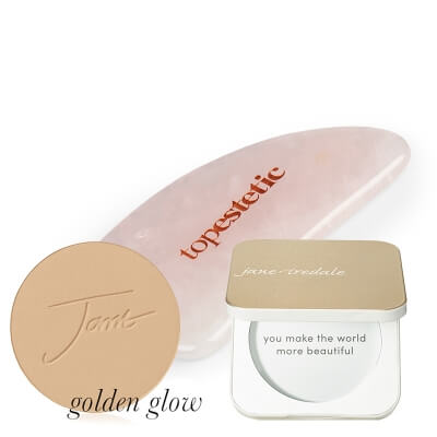 Jane Iredale Mineral Foundation SPF 20 Refill + Refillable Compact GOLD + Gua Sha Topestetic ZESTAW Puder prasowany (kolor Golden Glow) wkład 9,9 g + Puderniczka (kolor złoty) 1 szt + Gua sha kwarc różowy 1 szt