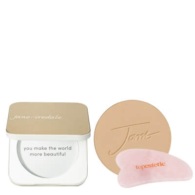 Jane Iredale Mineral Foundation SPF 20 Refill + Refillable Compact GOLD + Gua Sha Topestetic ZESTAW Puder prasowany (kolor Golden Glow) wkład 9,9 g + Puderniczka (kolor złoty) 1 szt + Gua sha kwarc różowy 1 szt