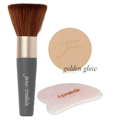 Jane Iredale PurePressed Base Mineral Foundation SPF 20 Refill + The Handi + Gua Sha Topestetic ZESTAW Mineralny puder prasowany (kolor Golden Glow) wkład 9,9 g + Pędzelek 1 szt + Gua sha kwarc różowy 1 szt