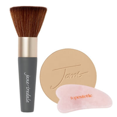 Jane Iredale PurePressed Base Mineral Foundation SPF 20 Refill + The Handi + Gua Sha Topestetic ZESTAW Mineralny puder prasowany (kolor Golden Glow) wkład 9,9 g + Pędzelek 1 szt + Gua sha kwarc różowy 1 szt