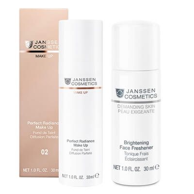 Janssen Cosmetics Brightening Perfect Radiance Skin ZESTAW Tonik rozjaśniający 30 ml + Podkład do perfekcyjnego rozświetlenia skóry (Kolor 02) 30 ml
