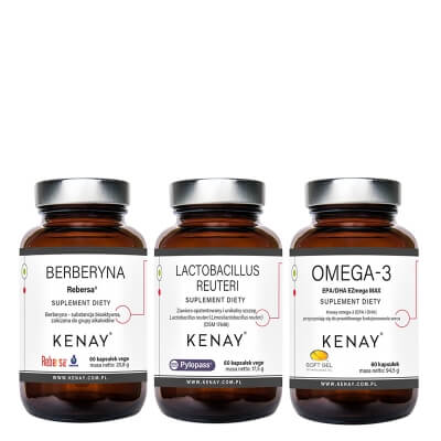 Kenay Wsparcie Układu Trawiennego i Metabolizmu ZESTAW Berberyna Rebersa 60 kaps + Lactobacillus Reuteri 60 kaps + Omega-3 60 kaps