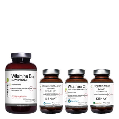 Kenay Wsparcie Układu Nerwowego i Krwionośnego ZESTAW Folian 60 kaps + Żelazo 60 kaps + Metylokobalamina 300 kaps + Witamina C 60 kaps