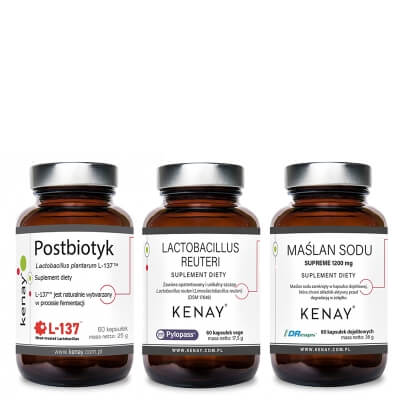 Kenay Wsparcie Mikroflory Jelitowej ZESTAW Maślan sodu 60 kaps + Lactobacillus Reuteri 60 kaps + Lactobacillus Plantarum 60 kaps
