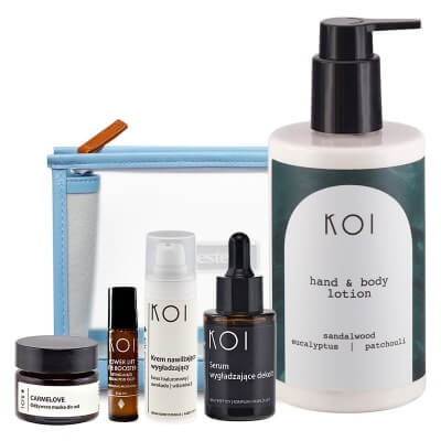 Koi Body and Face Love ZESTAW Serum pod oczy 10 ml + Krem do twarzy 30 ml + Balsam do ciała 300 ml + Serum do dekoltu 30 ml + Maska do ust 15 ml + kosmetyczka
