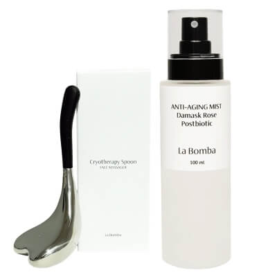 La Bomba Anti-Aging Mist + Cryotherapy Spoon ZESTAW Mgiełka nawilżająco-wygładzająca o zapachu geranium 100 ml + Łyżka do masażu twarzy 1 szt