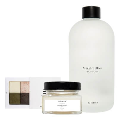 La Bomba Discovery Set + Marshmallow Bath Foam + Natural Monoi Vitamine E ZESTAW Rytuał pielęgnacyjny w kostce 4x40 g + Bezwonny płyn do kąpieli 500 ml + Unikalny, tradycyjny olej Monoi 90 g