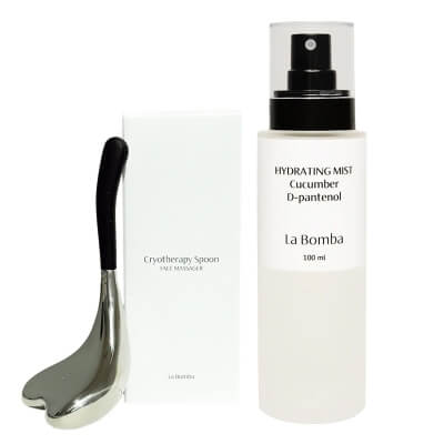 La Bomba Hydrating Mist + Cryotherapy Spoon ZESTAW Mgiełka nawilżająco-kojąca o zapachu ogórka 100 ml + Łyżka do masażu twarzy 1 szt