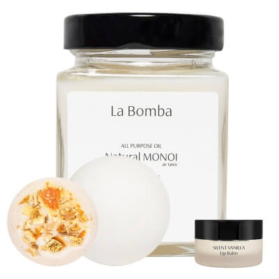 La Bomba Silent Vanilla + The Holiday + Bombardino + Monoi ZESTAW Odżywczy balsam do ust 15 g + Creamer 50 g + Kula 125 g + Olej Monoi 230 g