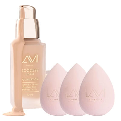 Lami Cosmetics Goddess Skin Radiant Skin Foundation + Makeup Blender Sponge x 3 ZESTAW Podkład rozświetlający z efektem glow (kolor Medium Warm) 30 ml + Gąbka do makijażu 1 szt x 3