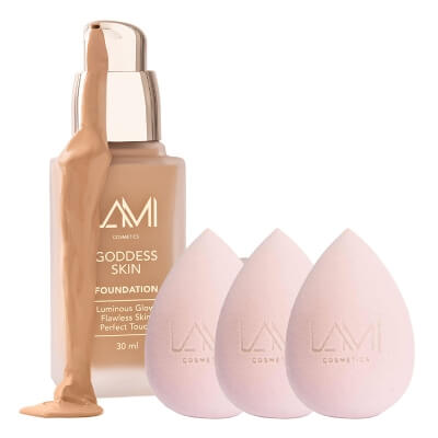Lami Cosmetics Goddess Skin Radiant Skin Foundation + Makeup Blender Sponge x 3 ZESTAW Podkład rozświetlający z efektem glow (kolor Medium Tan) 30 ml + Gąbka do makijażu 1 szt x 3