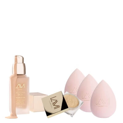 Lami Cosmetics Smoothing and Illuminating Set Light Warm ZESTAW Wygładzająco–rozjaśniający puder pod oczy i na środek twarzy 8,5 g + Podkład (kolor Light Warm) 30 ml + Gąbka x 3