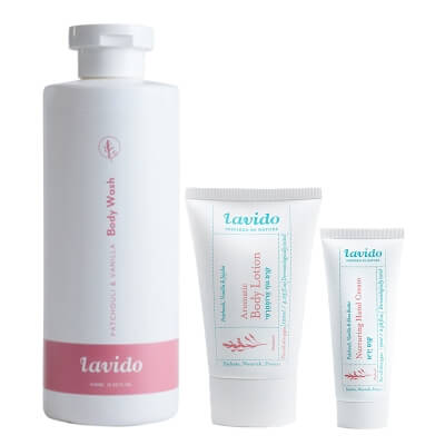Lavido Patchouli Body Care ZESTAW Żel do mycia ciała 400 ml + Balsam do ciała 120 ml + Krem do rąk 70 ml