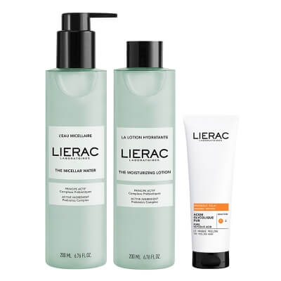 Lierac Clean Skin ZESTAW Woda micelarna 200 ml + Tonik nawilżający 200 ml + Maska peelingująca z kwasem glikolowym 75 ml