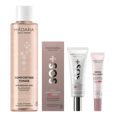Madara Comforting Toner + SOS Hydra Barrier Cica + Derma Collagen Night Source ZESTAW Tonik kojący 200 ml + Krem silnie nawilżający 40 ml + Krem na noc 15 ml