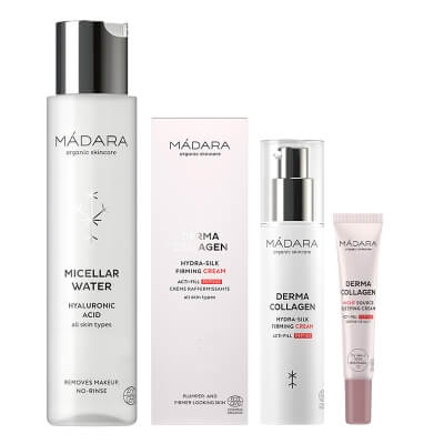 Madara Micellar Hyaluronic Water + Derma Collagen Hydra Silk + Derma Collagen Night Source Travel ZESTAW Organiczna woda z kwasem hialuronowym 100 ml + Krem ujędrniający 50 ml + Krem na noc 15 ml