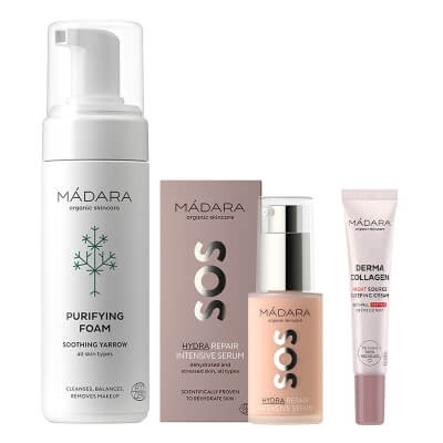 Madara Purifying Foam + SOS Hydra Repair Serum + Derma Collagen Night Source ZESTAW Kwiatowa pianka oczyszczająca 150 ml + Serum silnie nawilżające 30 ml + Krem na noc 15 ml