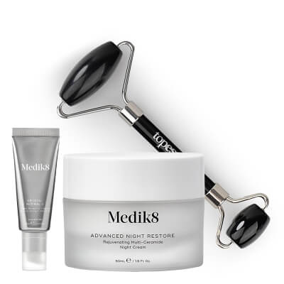 Medik8 Crystal Retinal 3 + Advanced Night Restore + Roller Gratis !! ZESTAW Serum na noc o średniej mocy z aldehydem retinowym 30 ml + Odbudowujący krem naprawczy na noc 50 ml + Roller z obsydianu 1 szt Gratis!!