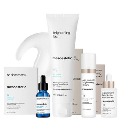 Mesoestetic Brightening Set ZESTAW Krem odnawiająco - rozjaśniający 50 ml + Serum z kwasem hialuronowym 30 ml + Pianka z kwasami AHA 100 ml + Serum rozświetlające 30 ml